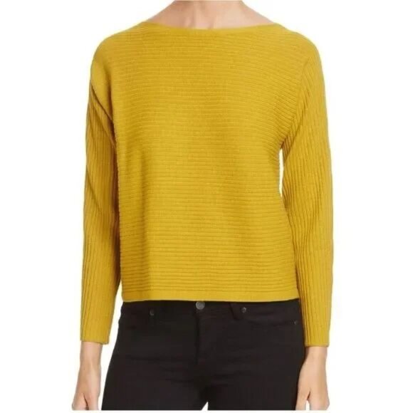 Eileen Fisher Ribbed Wool Bateau Neck Sweater in Mustard Yellow Size Large - Picture 1 of 11